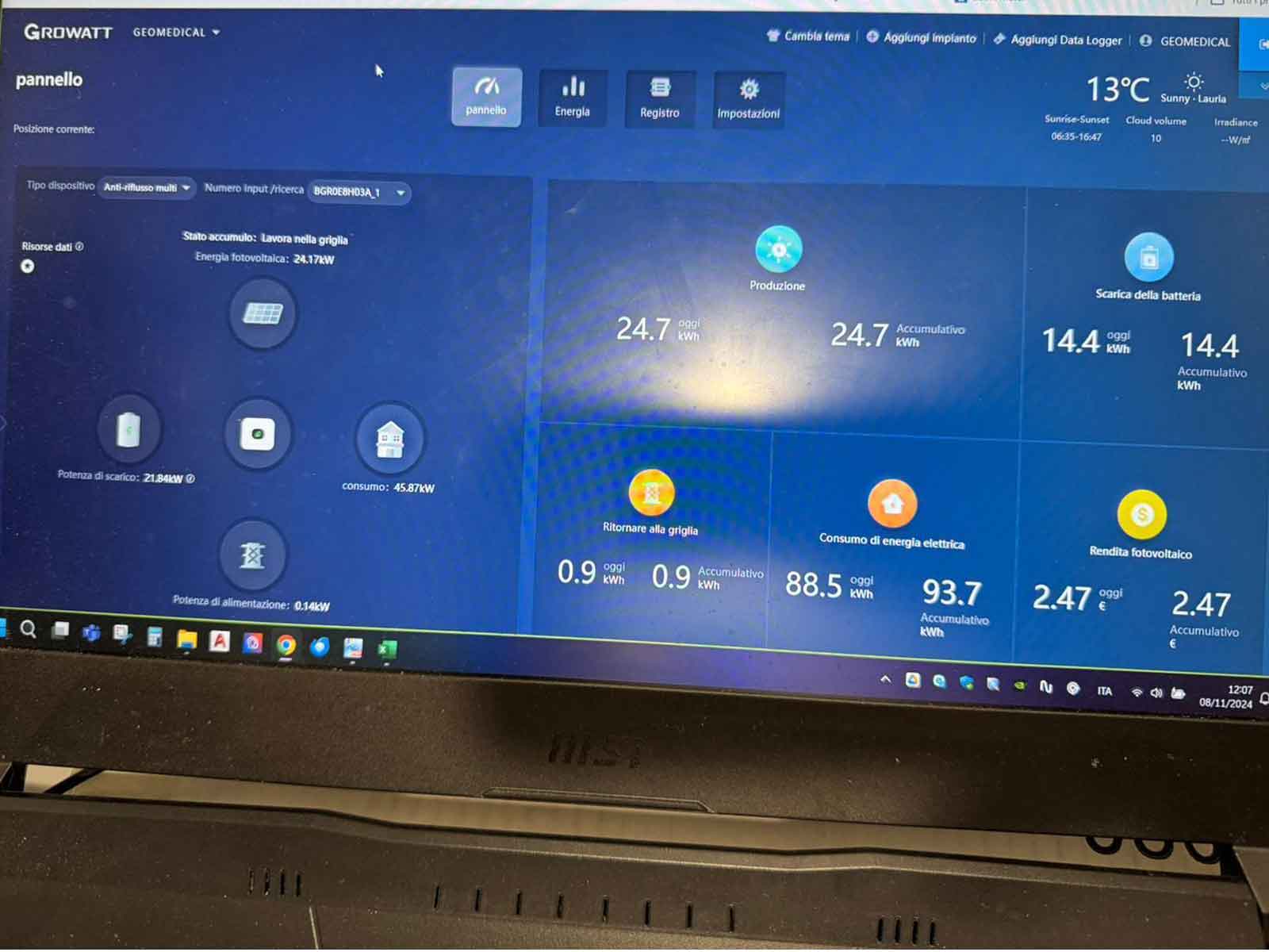 Geomedical: pannello di controllo impianto fotovoltaico